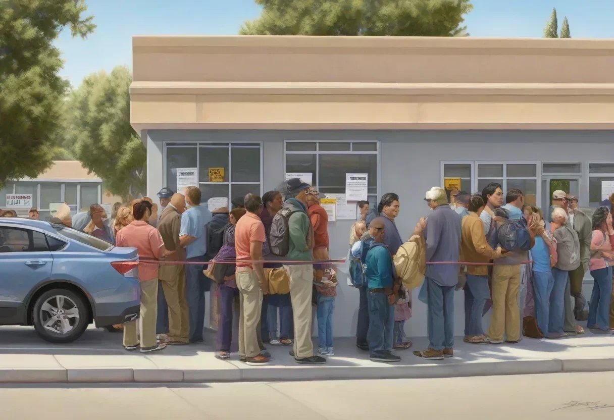 California DMV office with a sign that reads 'Written Test' and a long line of people waiting to take the test.