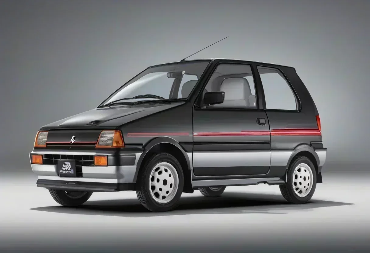 A 1990 Suzuki Alto Works in its original two-tone paint, with a distinctive hood scoop and 13-inch wheels.