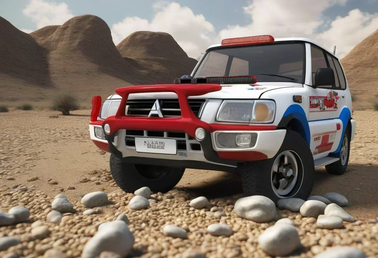 2000 Mitsubishi Pajero Mini Snoopy Edition, a small white SUV with Snoopy graphics on the mudflaps and sides.