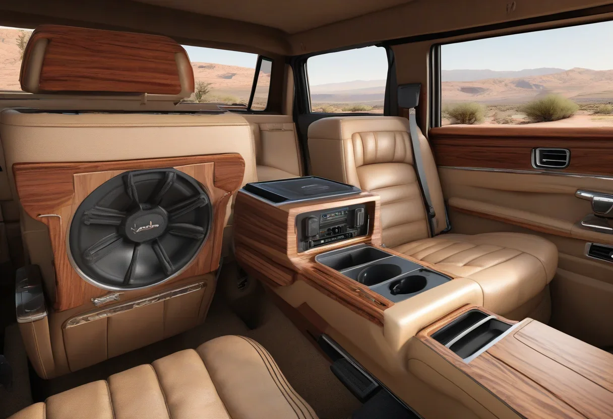A 2026 Jeep Grand Wagoneer L in a luxurious interior setting, with a beautifully textured wood trim panel and a McIntosh sound system.