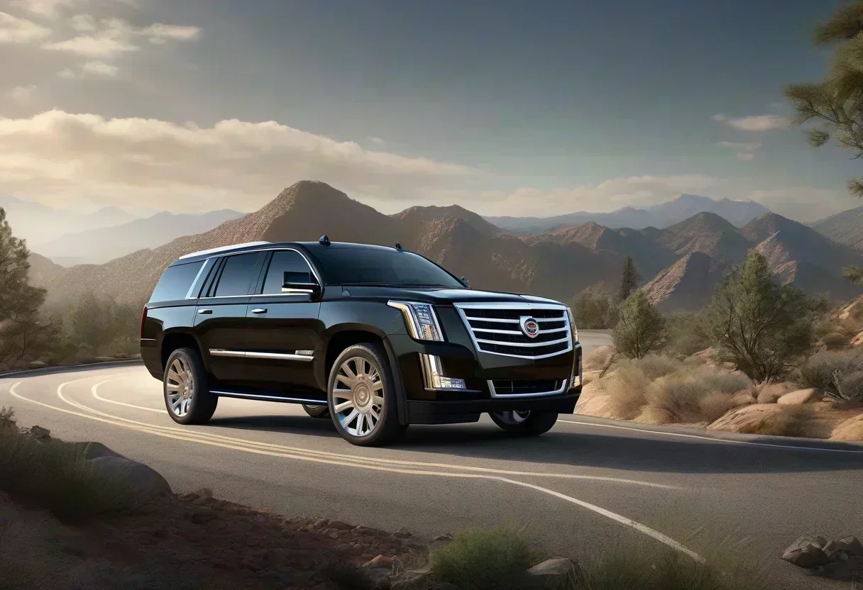 A 2027 Cadillac Escalade driving down a winding road with a mountain range in the background.