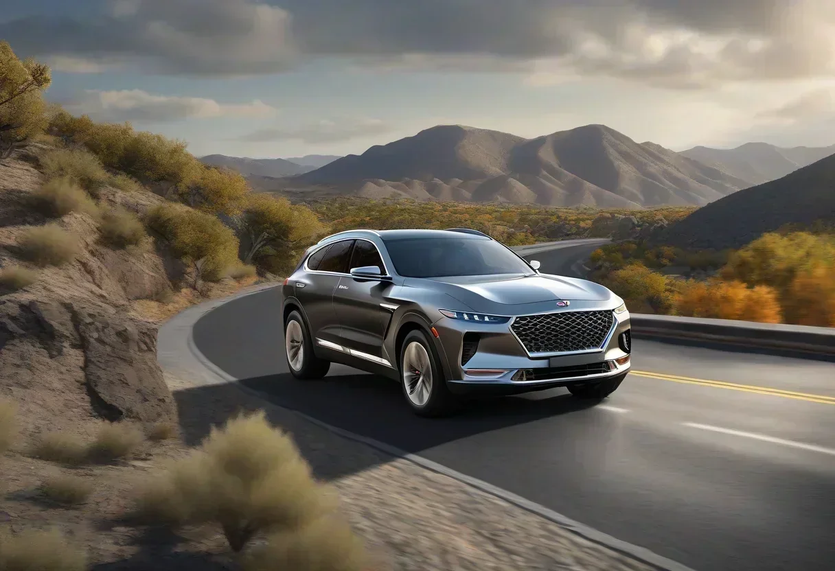 A gray 2027 Genesis GV70 SUV driving on a winding road with a scenic landscape in the background.