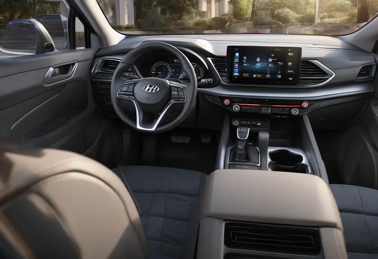 The 2027 Hyundai Tucson, with a large screen and a spacious interior, parked next to a previous-generation Kia Sorento.