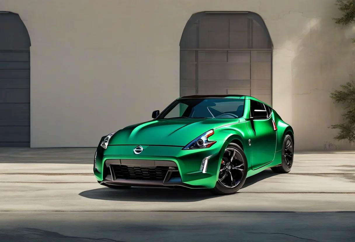2027 Nissan Z in Shinkai Green Pearl paint color, with a new front fascia design and retro-inspired "Z" emblem.