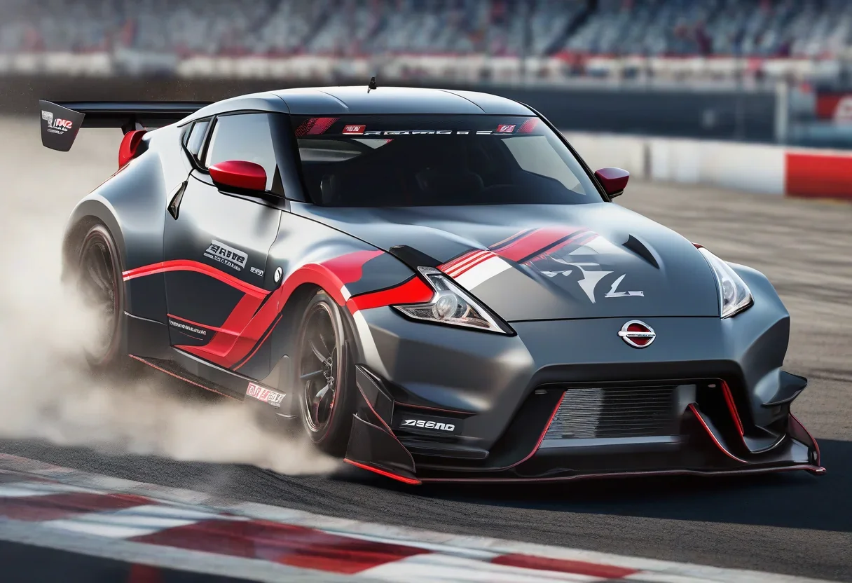 2027 Nissan Z NISMO in a racing track, with a blurred background and a focus on the car's sleek design and sporty features.