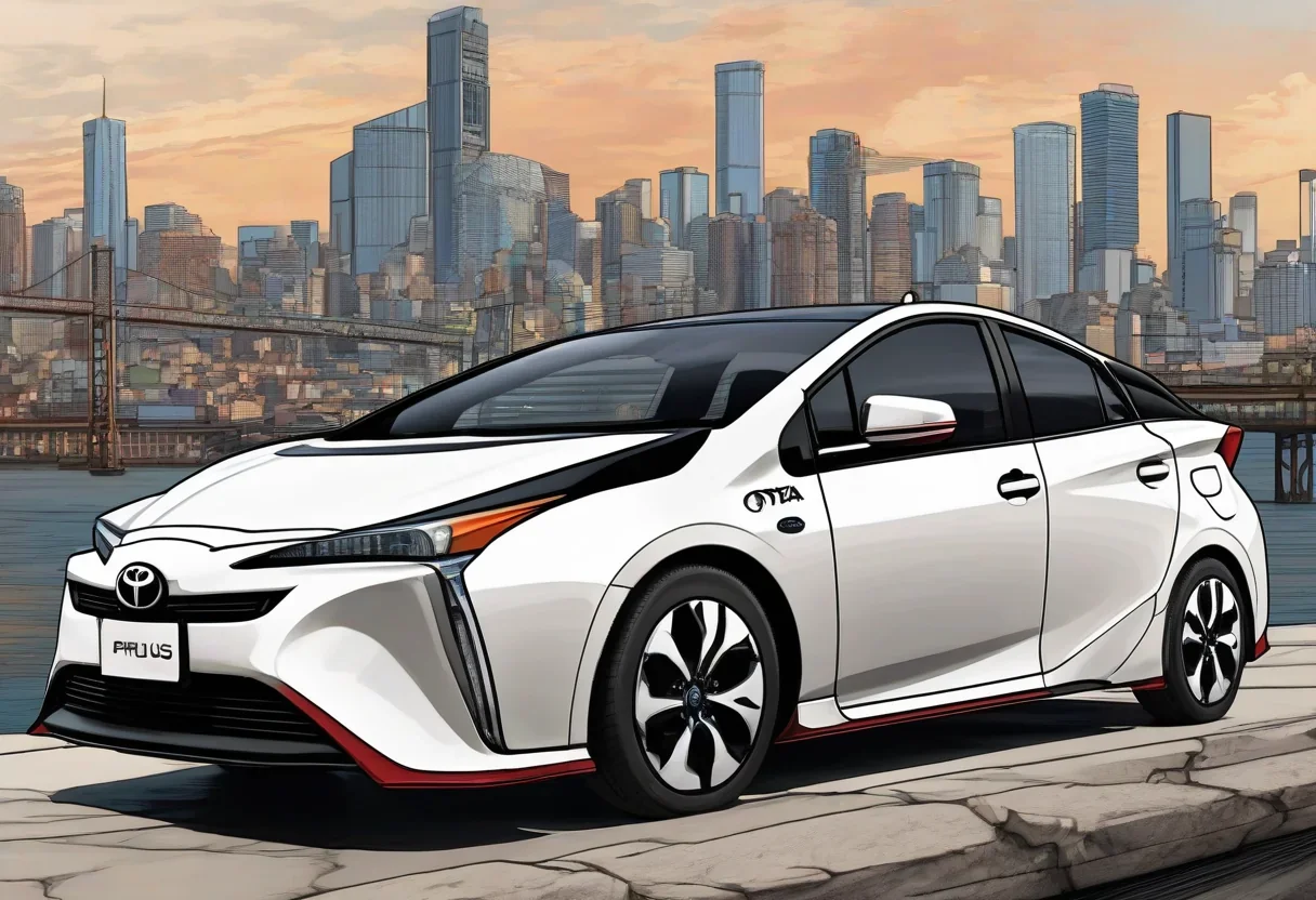 2027 Toyota Prius in Inked color with cityscape background