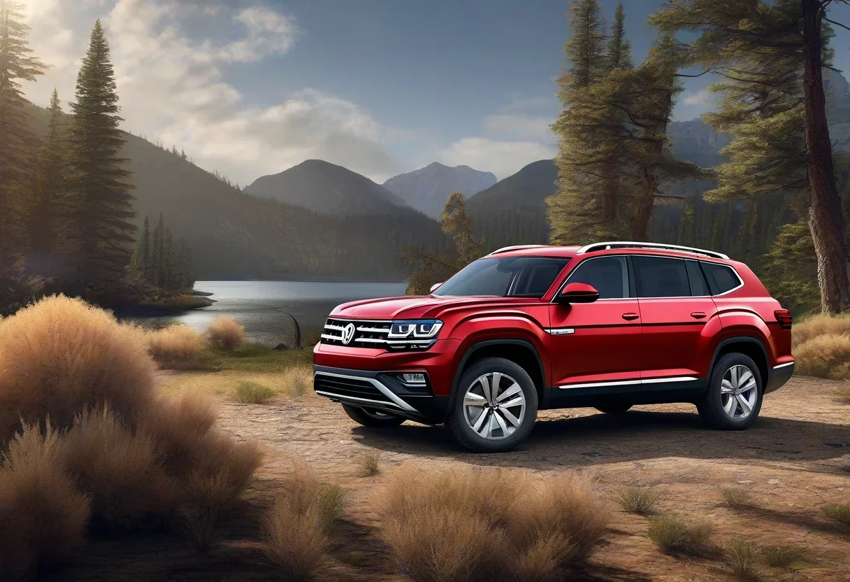 2027 Volkswagen Atlas in a scenic outdoor setting, showcasing its new design and features.