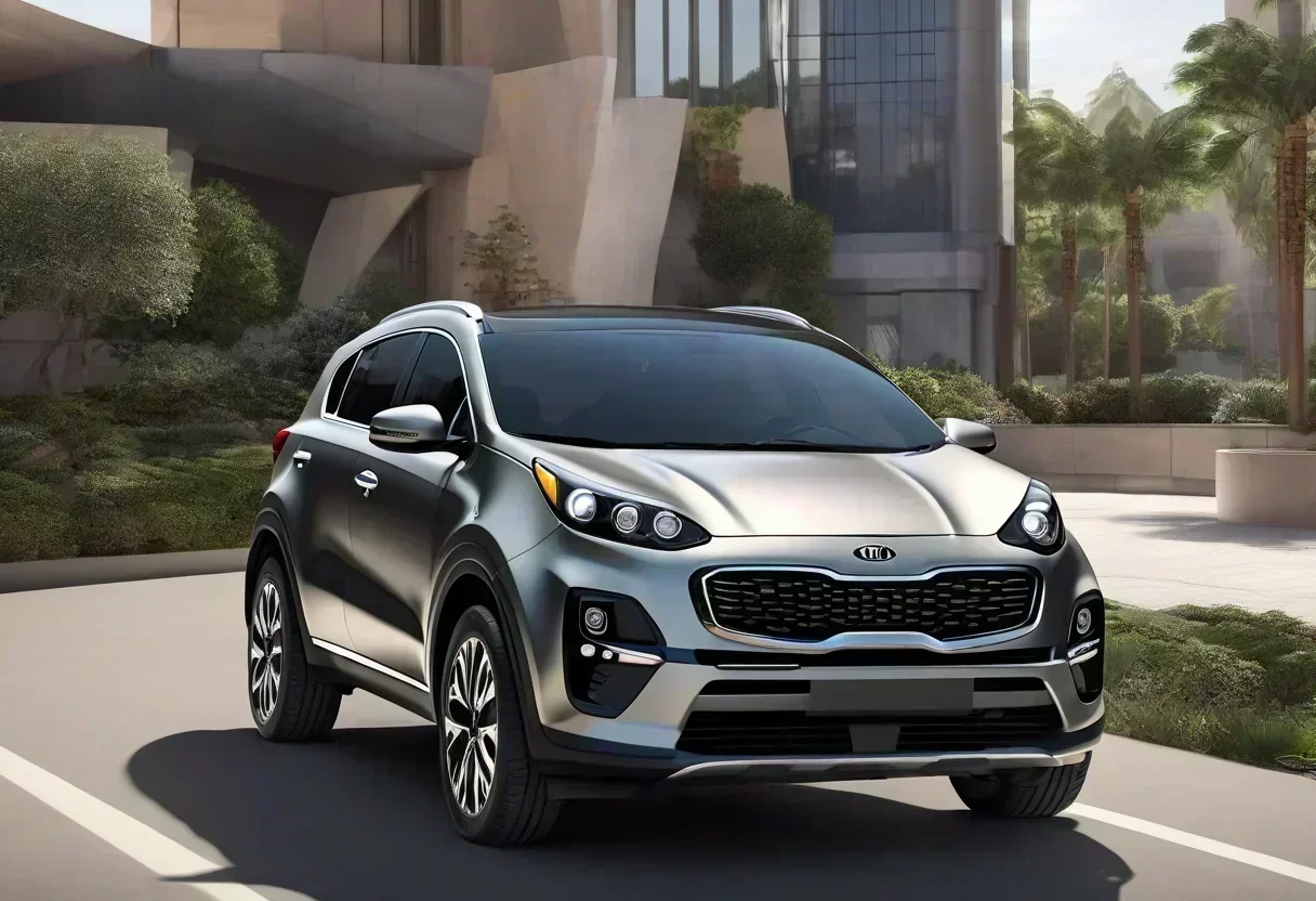 2028 Kia Sportage with a larger and boxier design, featuring a large screen and physical controls in the interior.