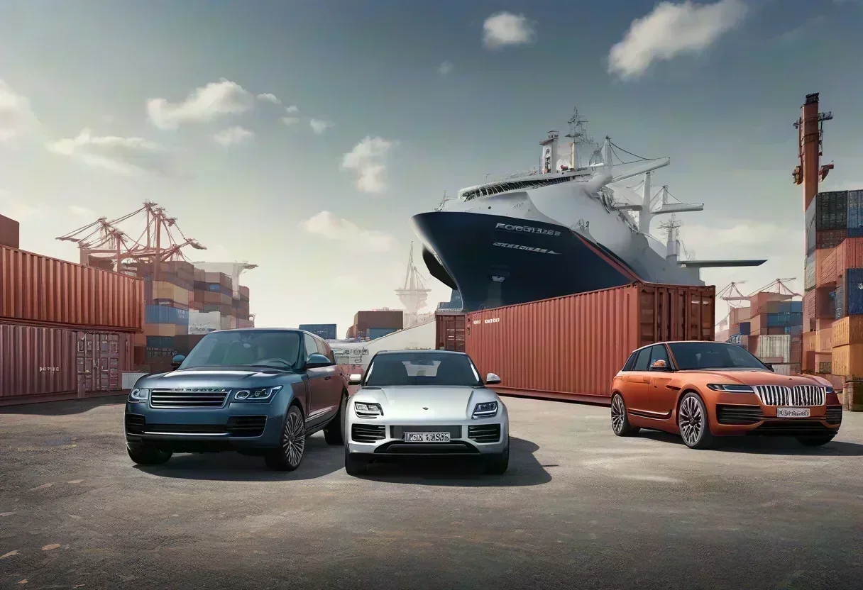 A photo of three luxury cars in a shipping yard, with a container ship in the background.