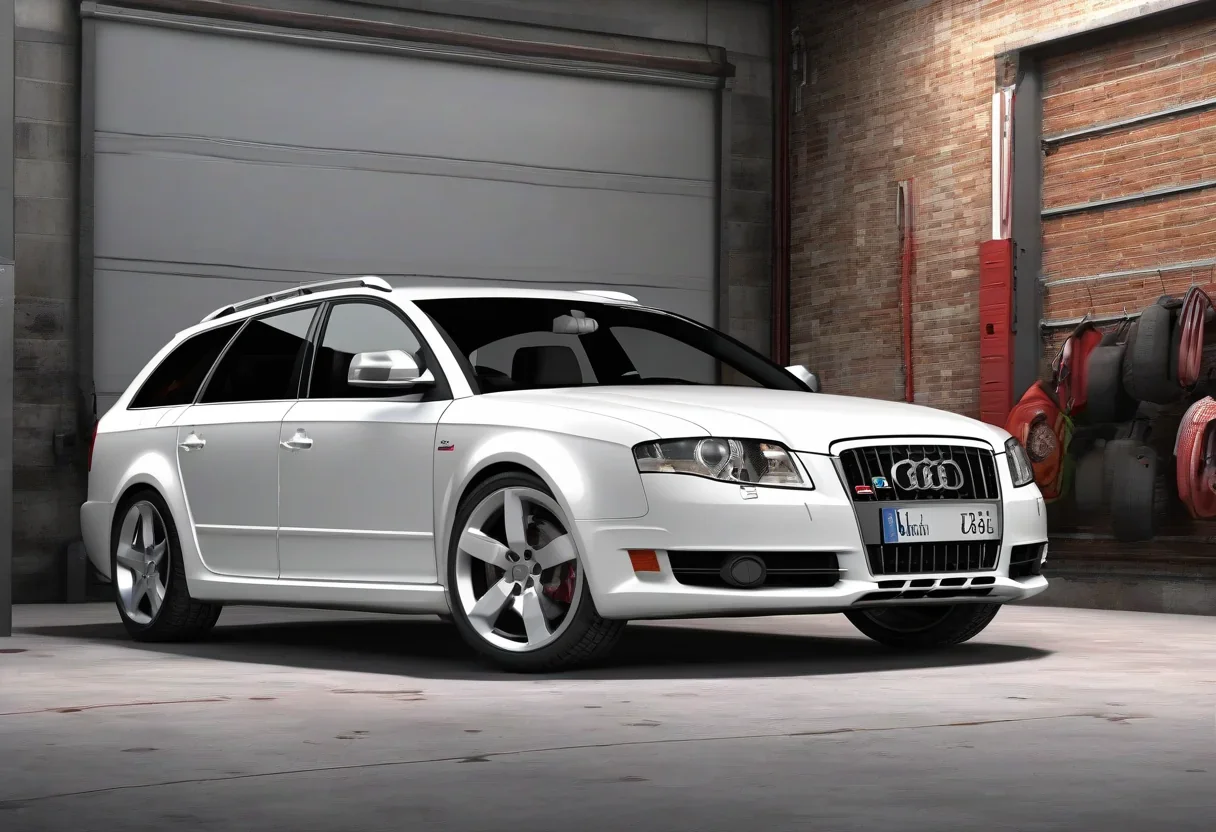 A 2008 Audi S4 Avant in Ibis White, with a V8 engine and manual transmission.