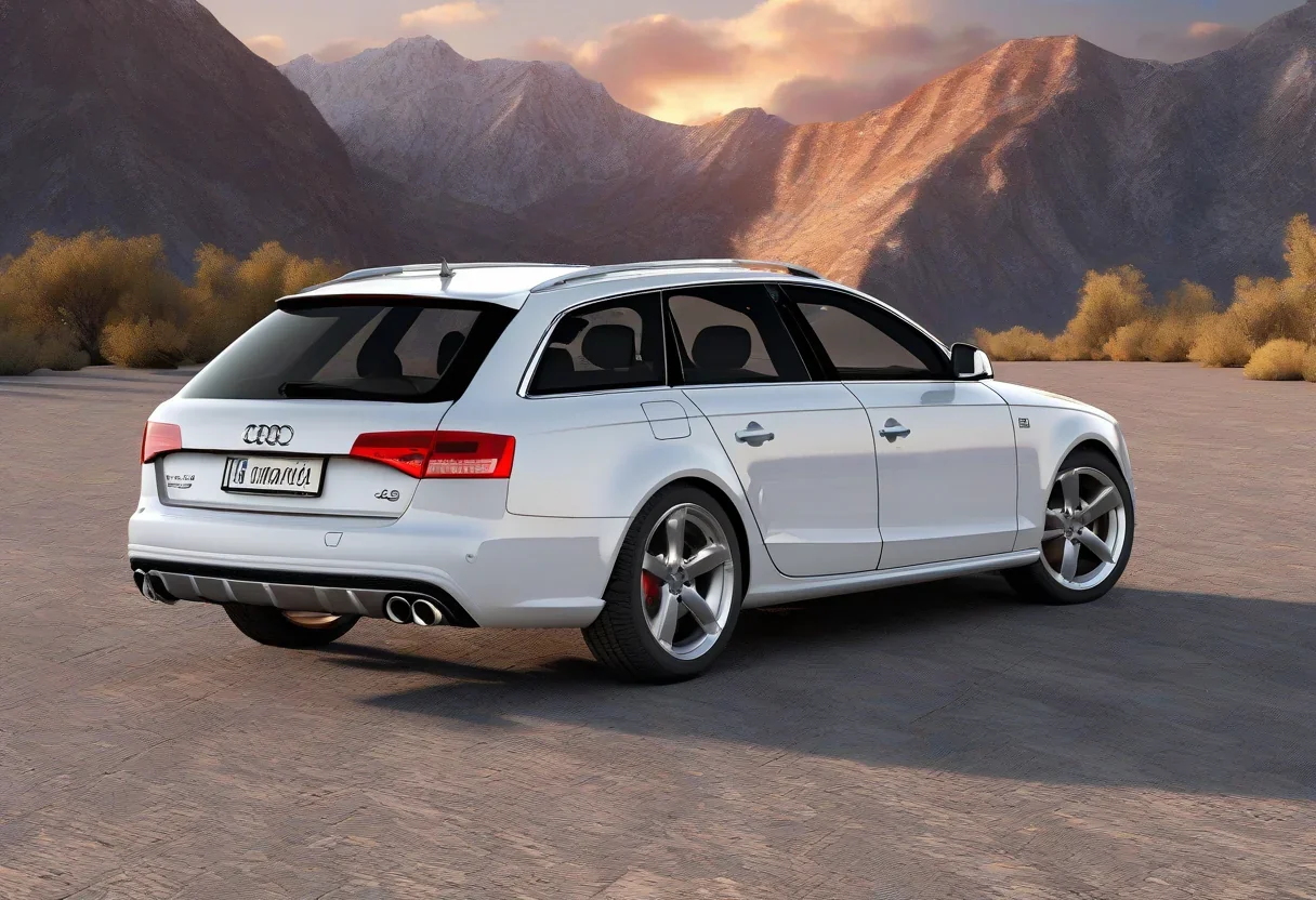 A white 2008 Audi S4 Avant with a manual transmission and all-wheel drive, parked in front of a mountain range with a sunset in the background.
