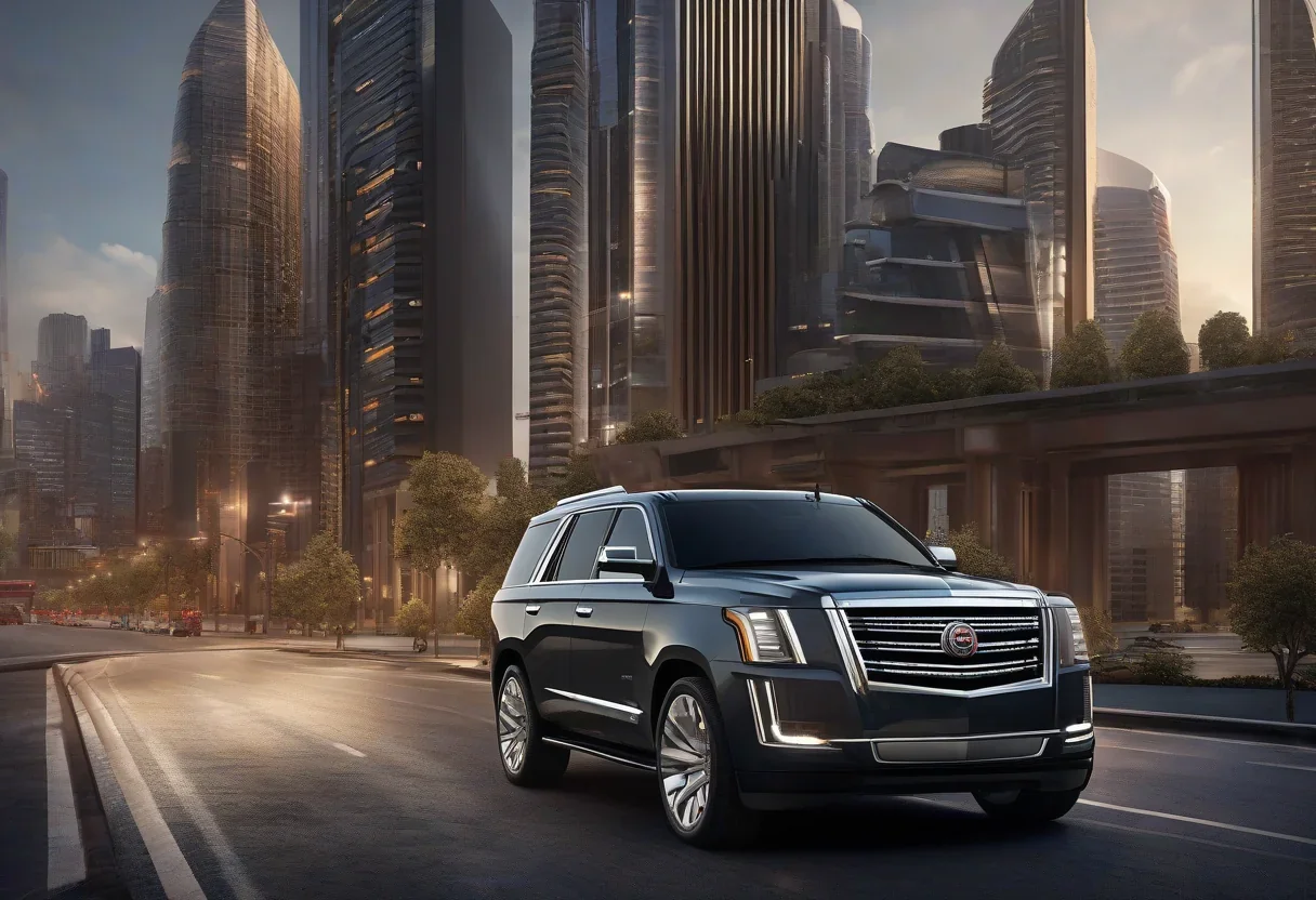 A large, luxurious SUV with a sleek design and advanced features, set against a backdrop of a modern cityscape.