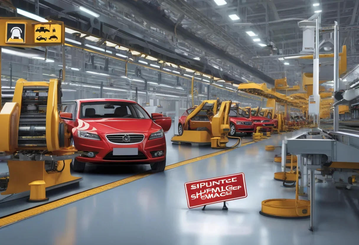 Car production line with chip shortage warning sign