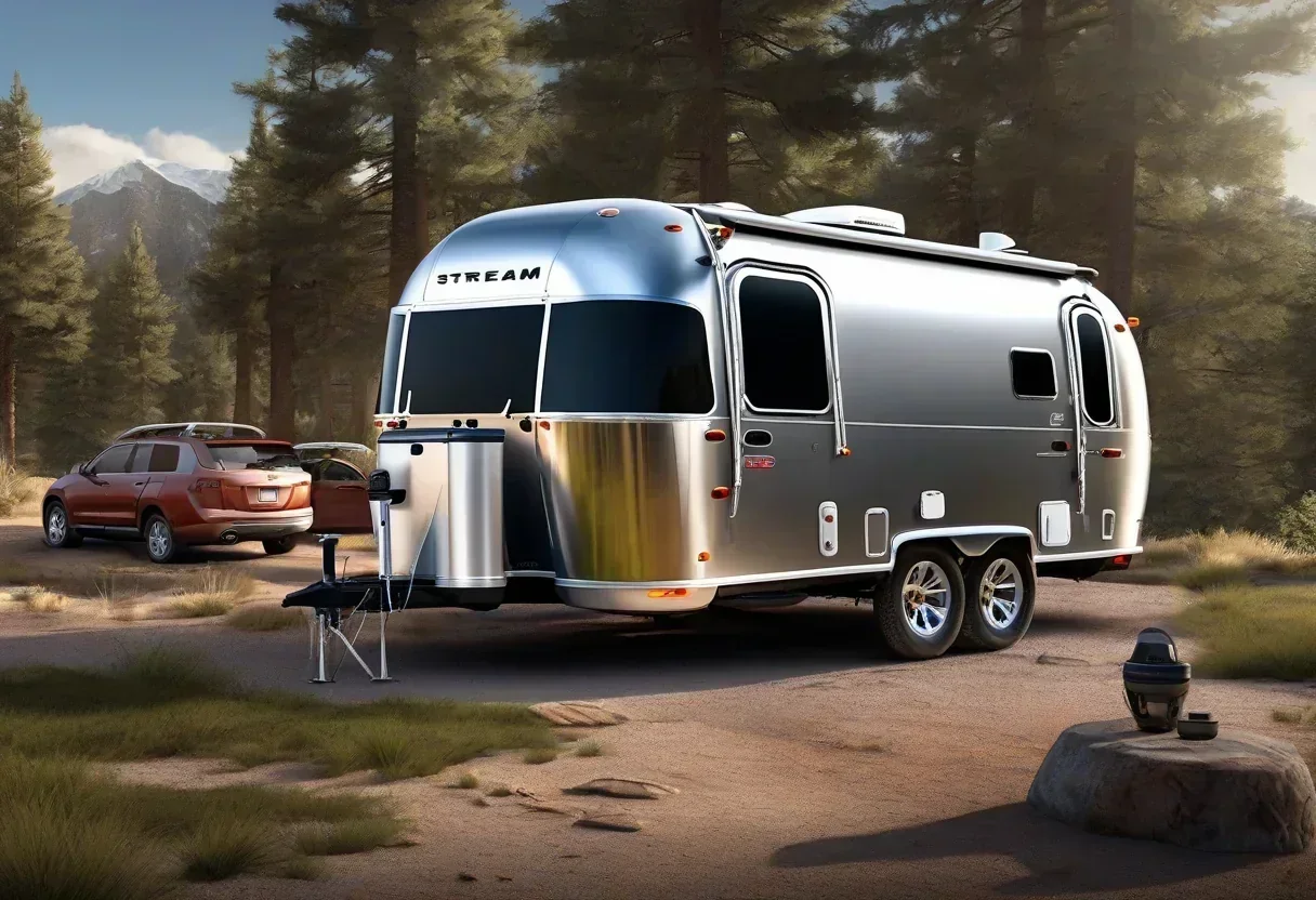 Airstream World Traveler 17RB travel trailer being towed by a small SUV.