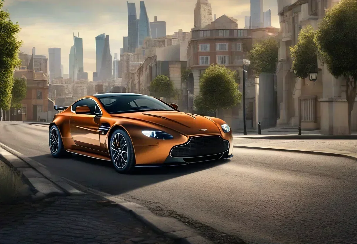 Aston Martin V12 Vantage on a winding road with a cityscape in the background.
