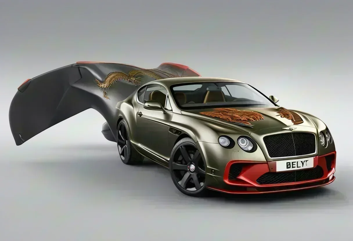 Bentley Supersports with Dragon Design Theme, featuring a dark Black Crystal tone on the driver's side and a vivid Dragon Red on the passenger side.