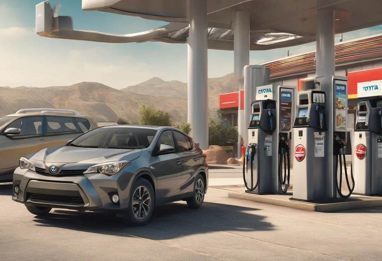 A gas station with a sign reading '100% Renewable Gasoline' and a fleet of Toyota and BMW vehicles in the background.