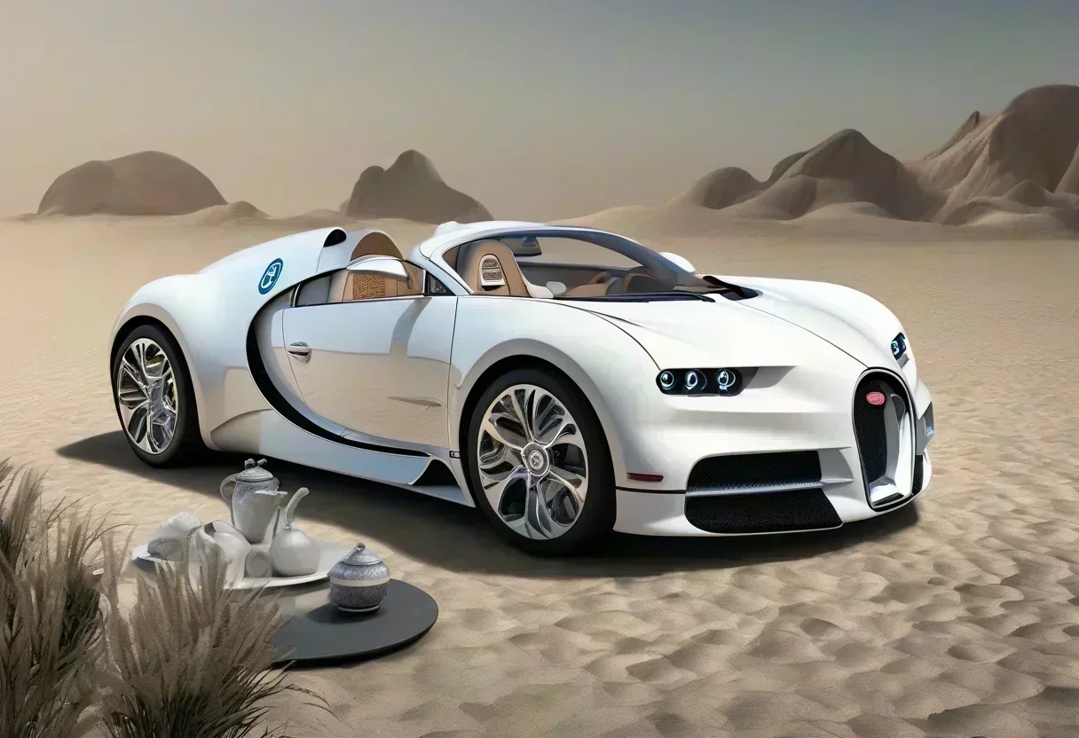 Bugatti Mistral Blanc Éternel with bold, geometric black lines on its white body and porcelain accents.