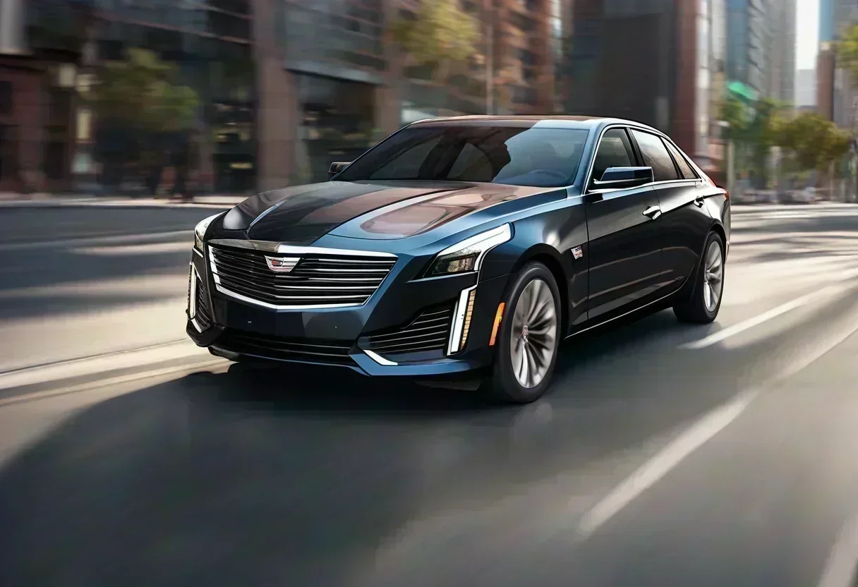A Cadillac CT5 sedan in a modern cityscape, showcasing its sleek design and sporty features.