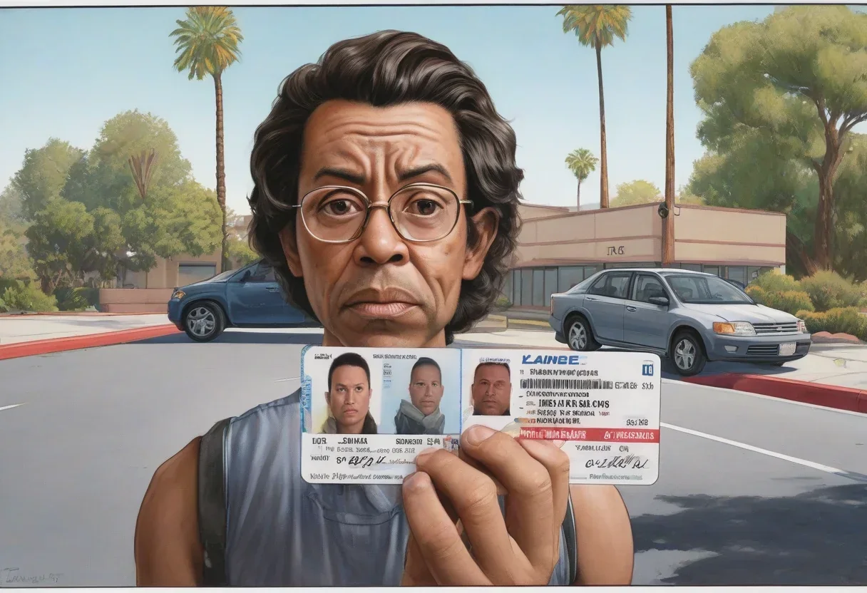 A person holding a driver's license with a concerned expression, with a California DMV office in the background.