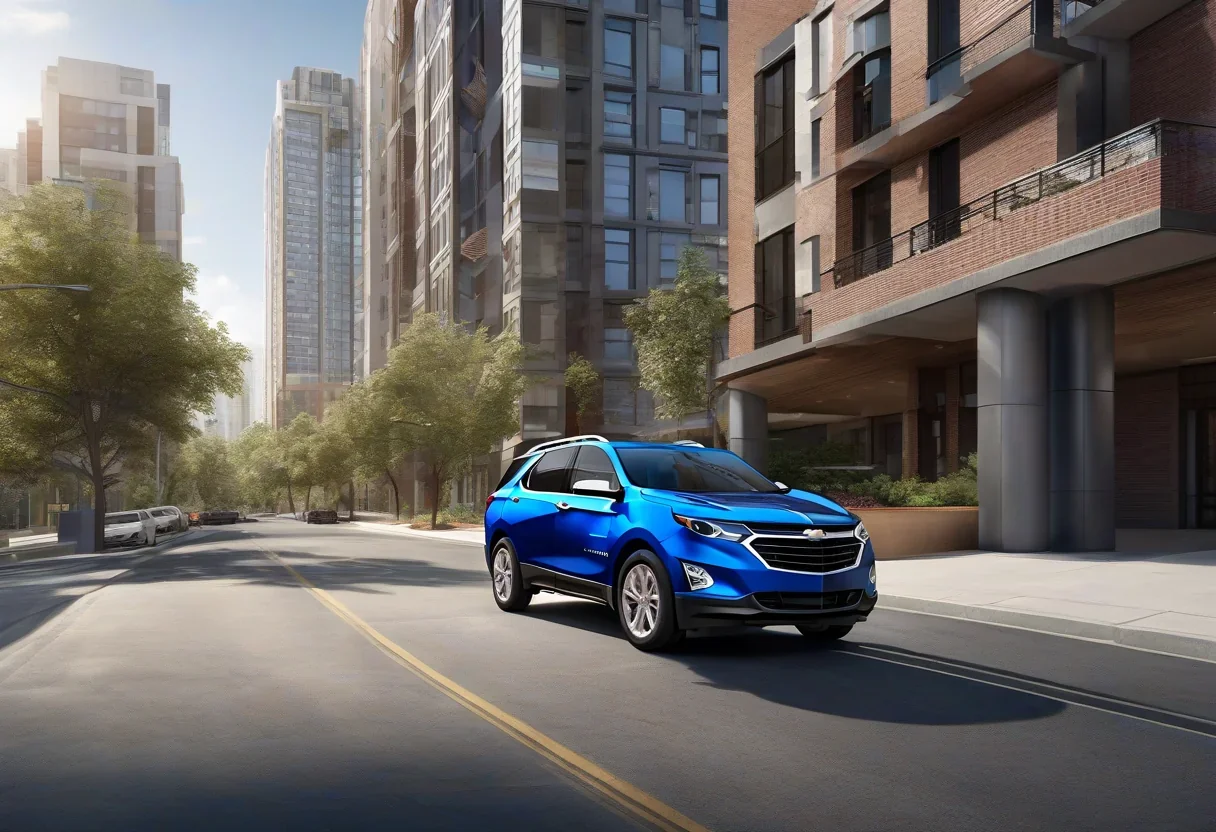 A blue Chevrolet Equinox EV driving through a city street with modern apartment buildings in the background.