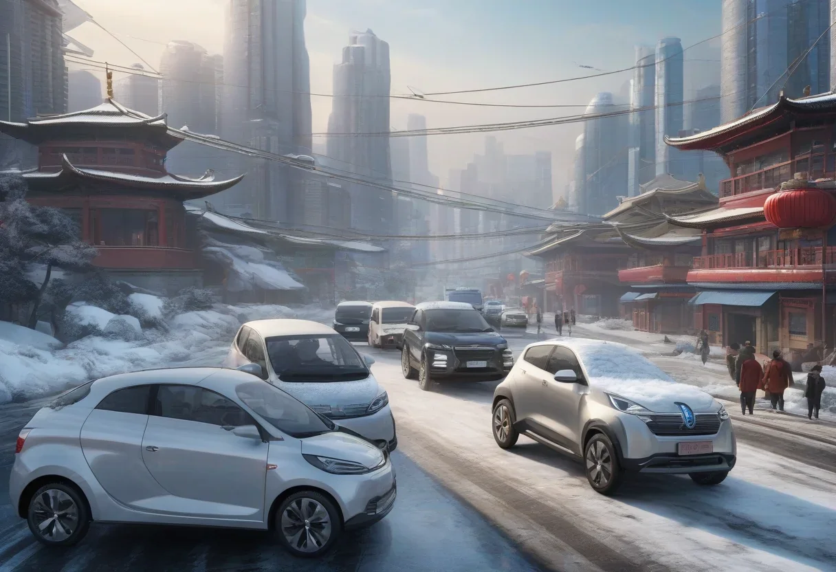 A cityscape with a mix of ICE and EV vehicles on the road in China.