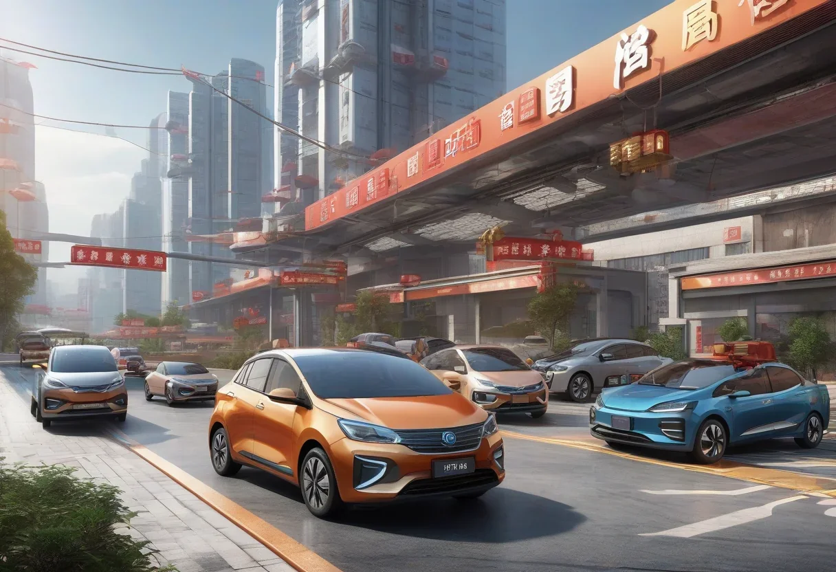 Chinese cityscape with electric and gas-powered cars, charging stations, and battery-swapping facilities.