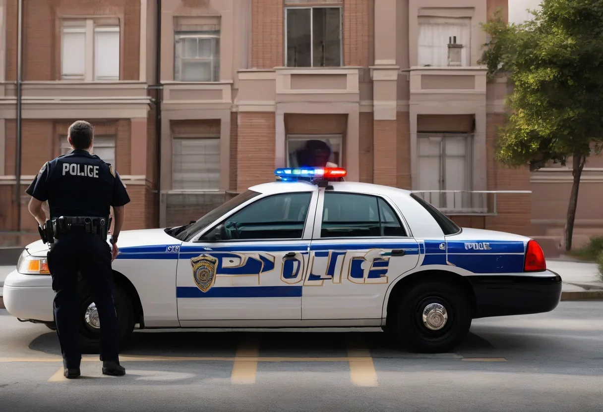 A police car with flashing lights, with a person in the background being handcuffed.