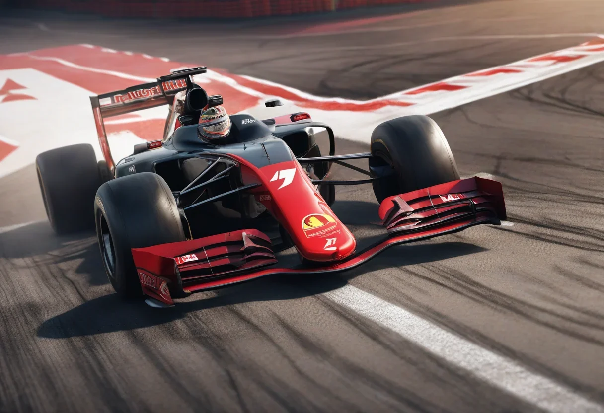 A Formula 1 car racing on a track with a red flag waving in the background.