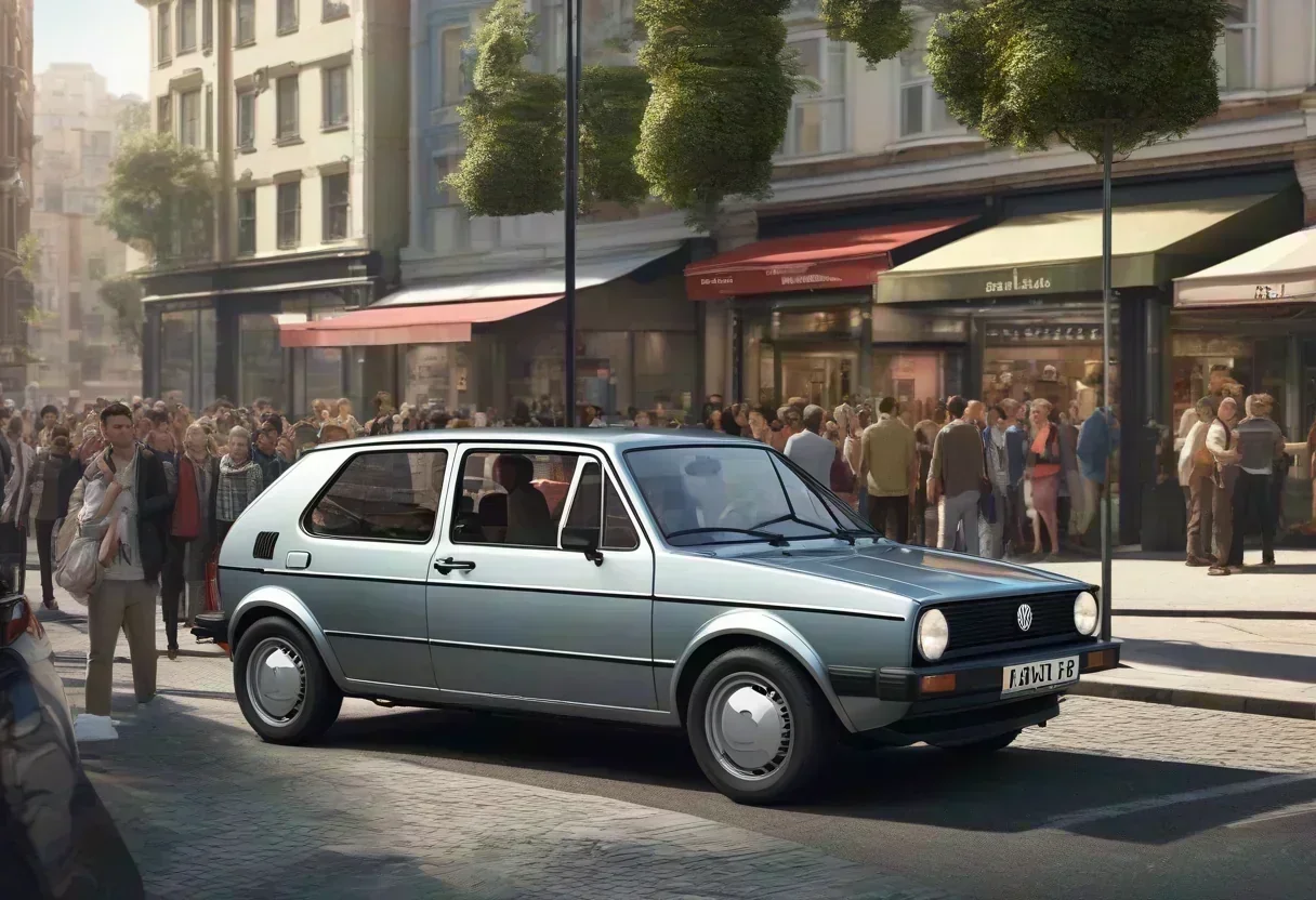 A VW Golf parked in a crowded city street, with a caption 'Right-Sized' Dimensions