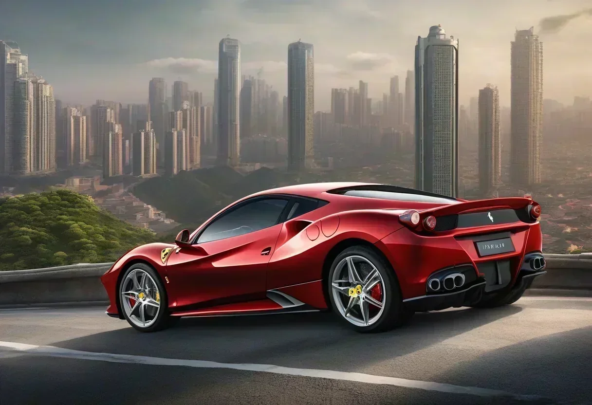 A Ferrari car on a winding road with a Chinese cityscape in the background.