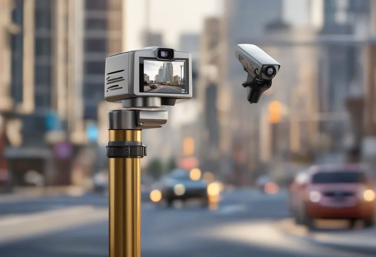 A Flock camera mounted on a pole, with a blurred background of a city street.