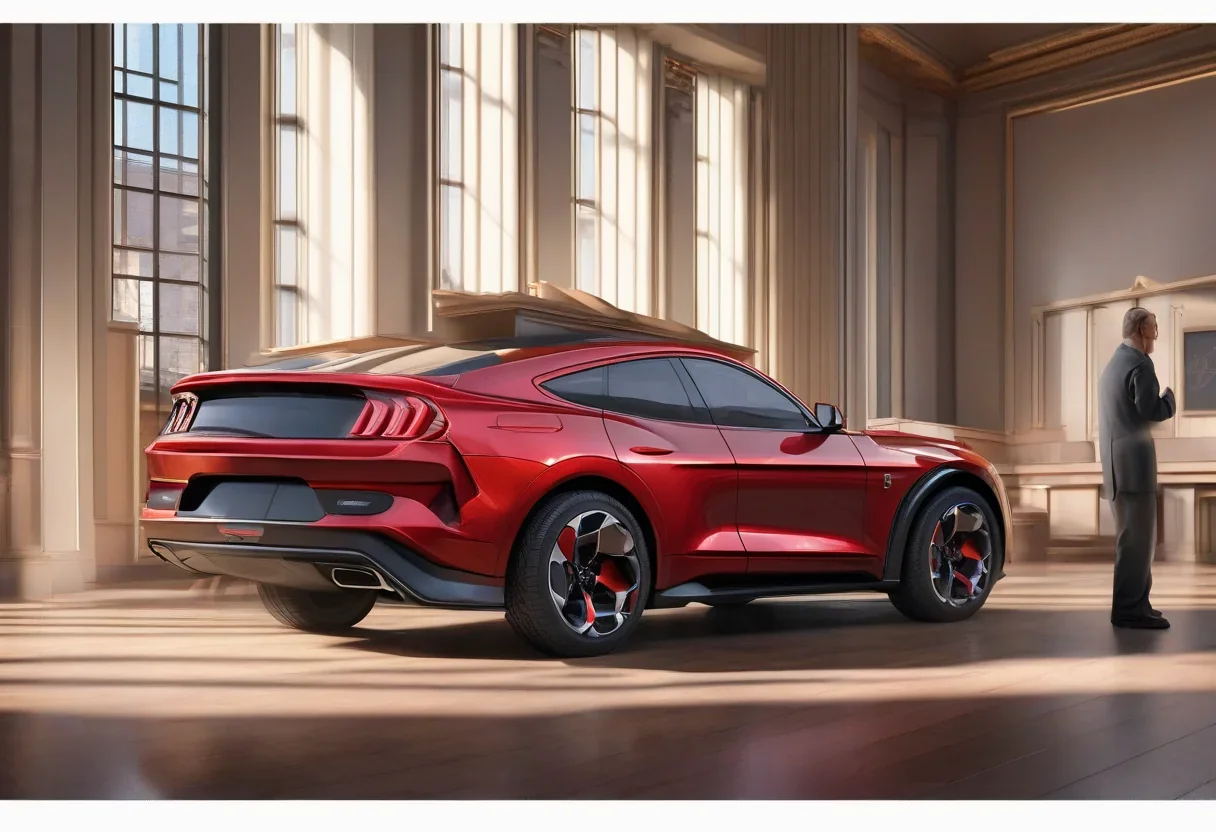 A Ford Mustang Mach-E with a blurred background of a courtroom or a judge's gavel.