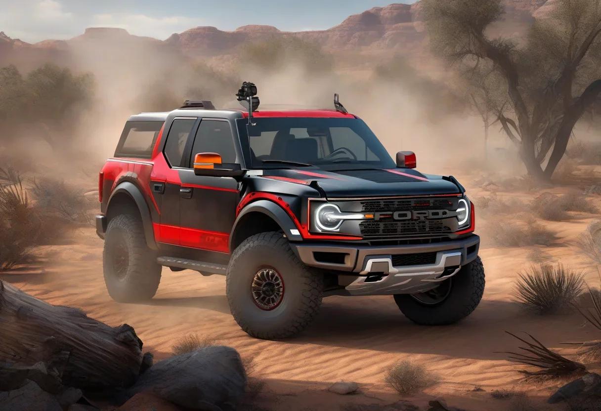 Ford Bronco Raptor with smoke coming from the engine compartment and a red warning light on the dashboard.