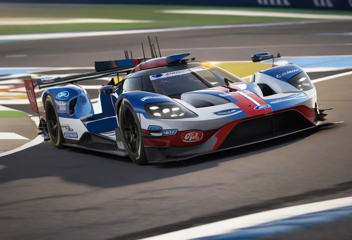 Ford's WEC hypercar on the track, with the 5.4-liter V8 engine visible.