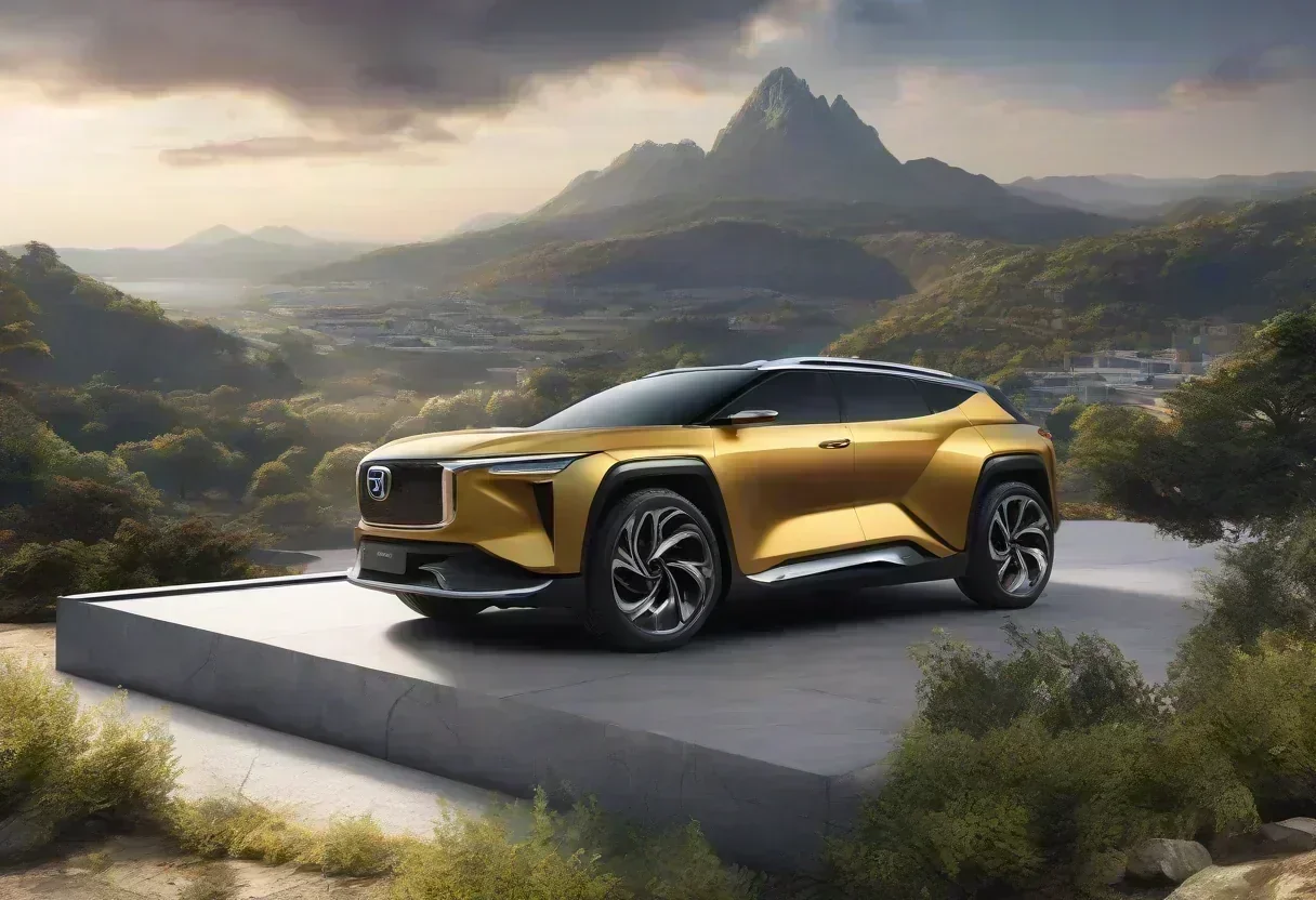 The GAC Aion UT in a scenic landscape, with a cityscape in the background.