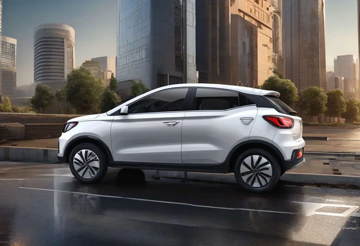 The Geely E2, a compact electric hatchback, in a modern cityscape.