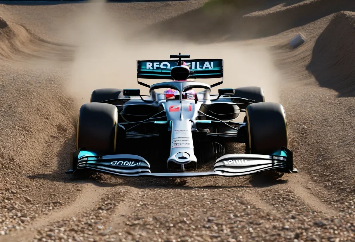 George Russell's Mercedes F1 car in the gravel trap at the Belgian Grand Prix.