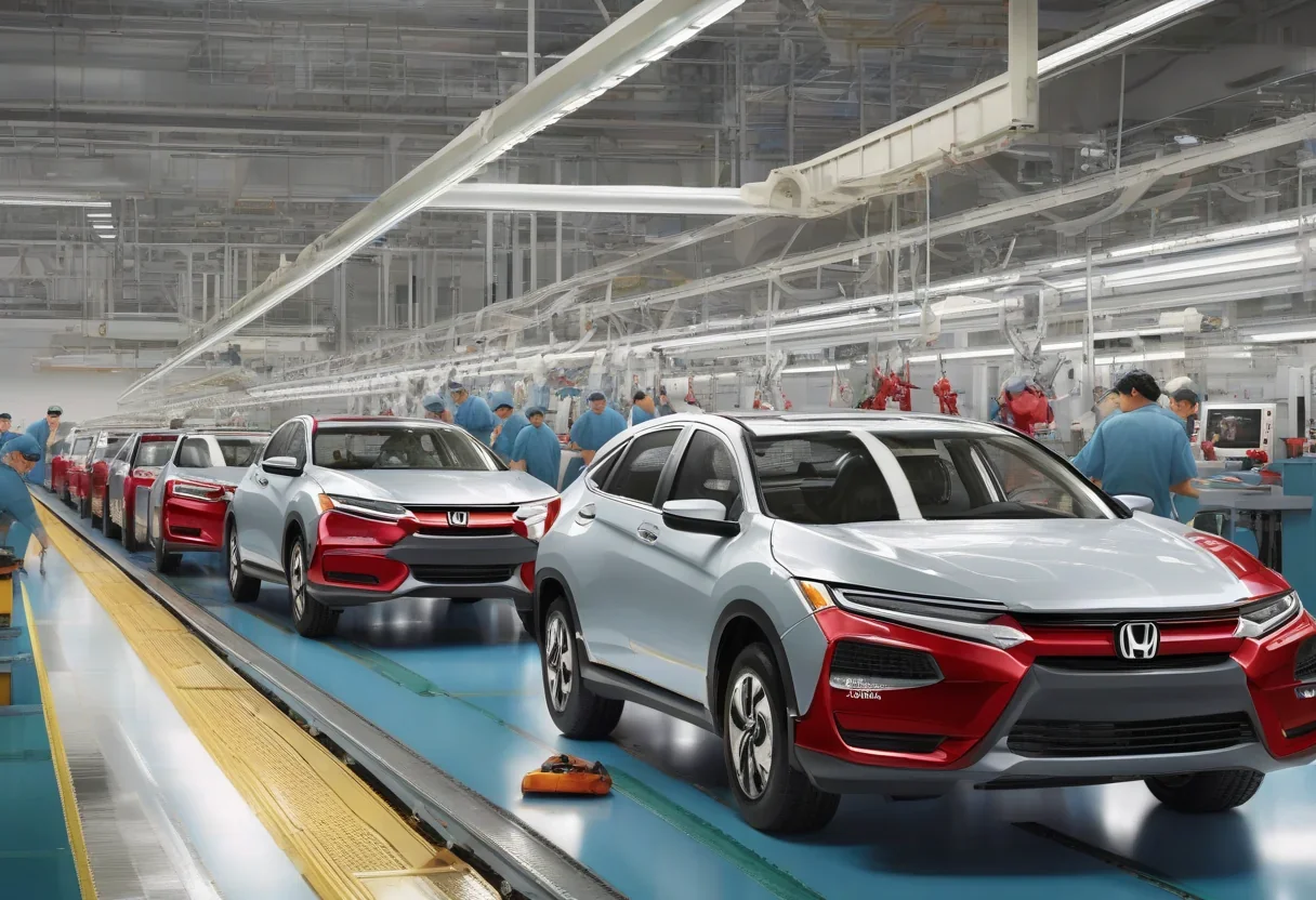 Honda factory in North America with cars on the assembly line and workers in the background.