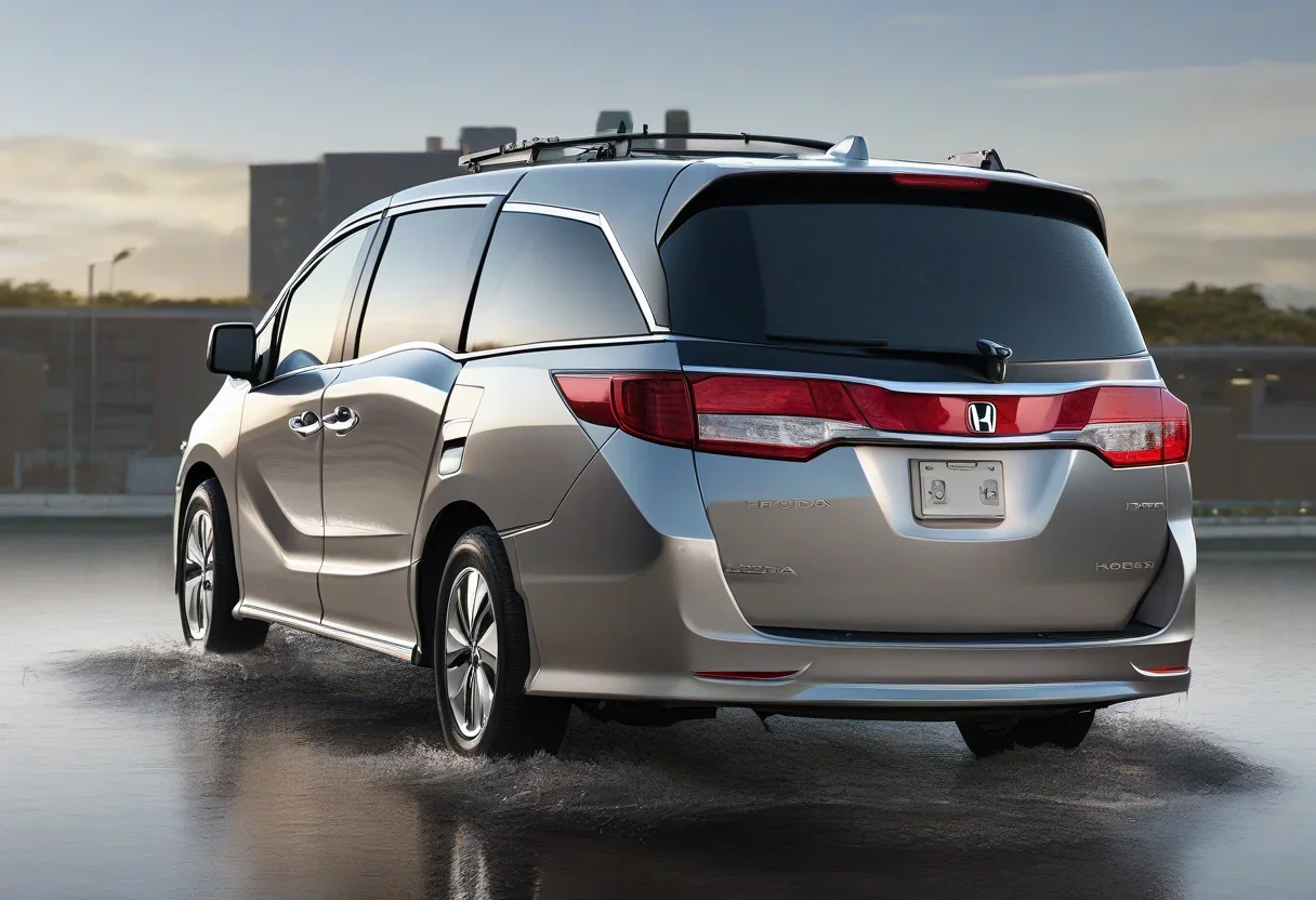 A Honda Odyssey minivan with a cracked rearview camera housing, with water droplets visible on the lens.