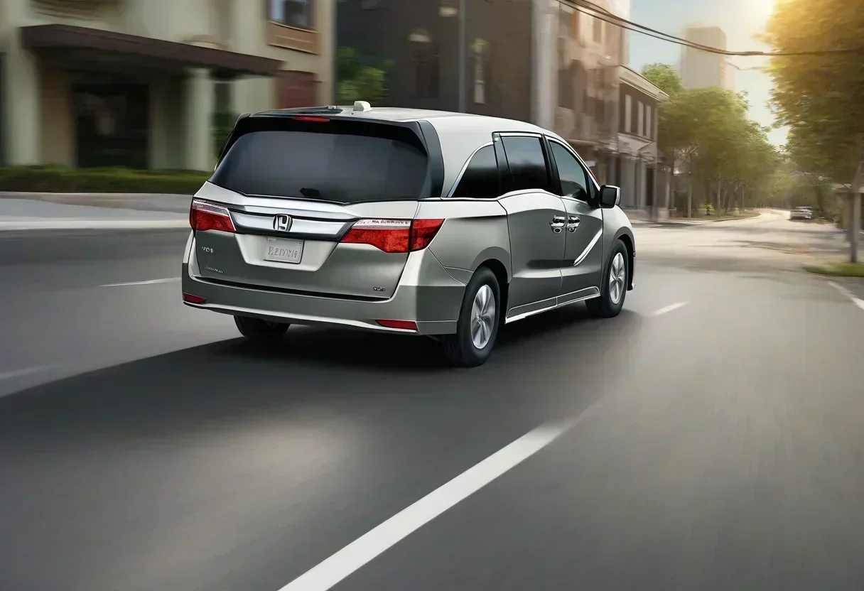 A Honda Odyssey minivan with a rearview camera display on the dashboard.