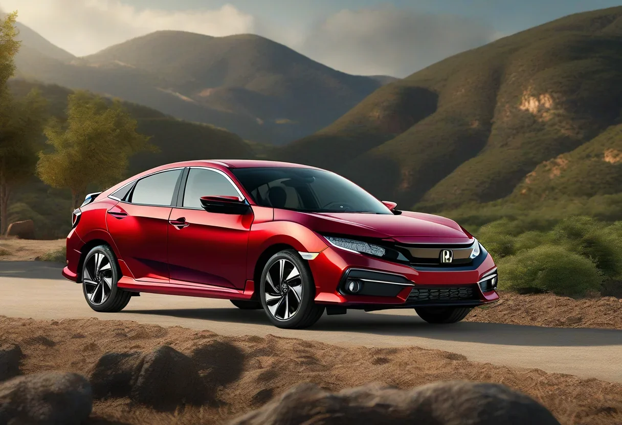 Honda Civic e:HEV LX in a scenic landscape, showcasing its sleek design and hybrid powertrain.
