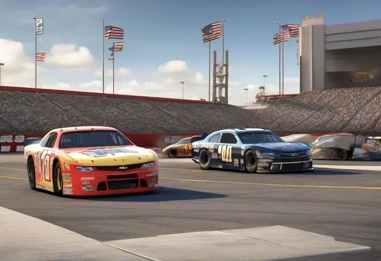 Coronado street circuit with NASCAR car racing and hangars in the background