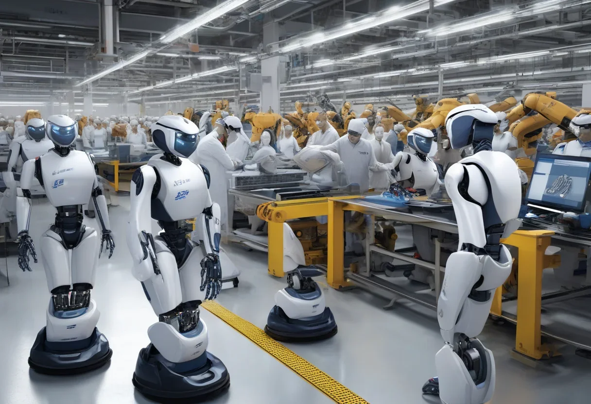 Hyundai factory with humanoid robots and picket line of workers