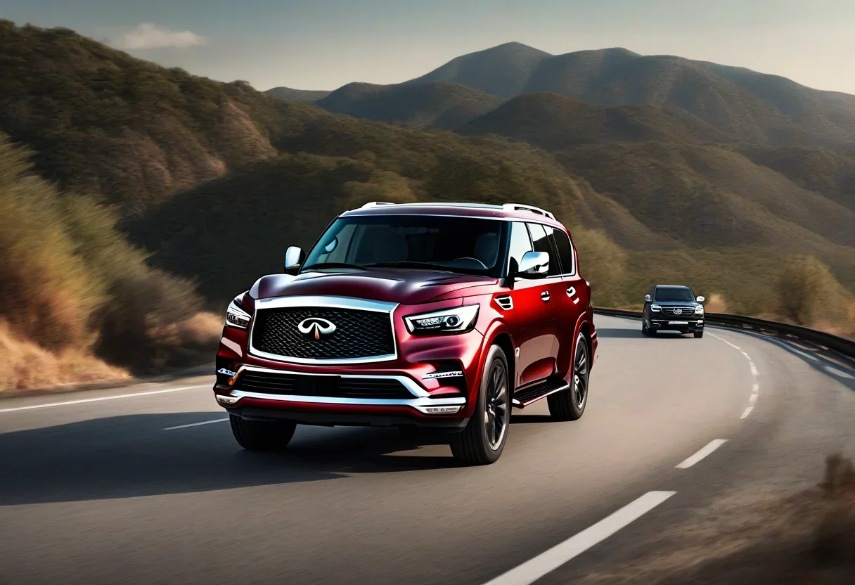 Infiniti QX80 Red Sport driving on a winding road