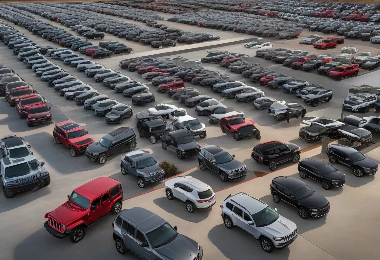 Jeep dealership with unsold SUVs