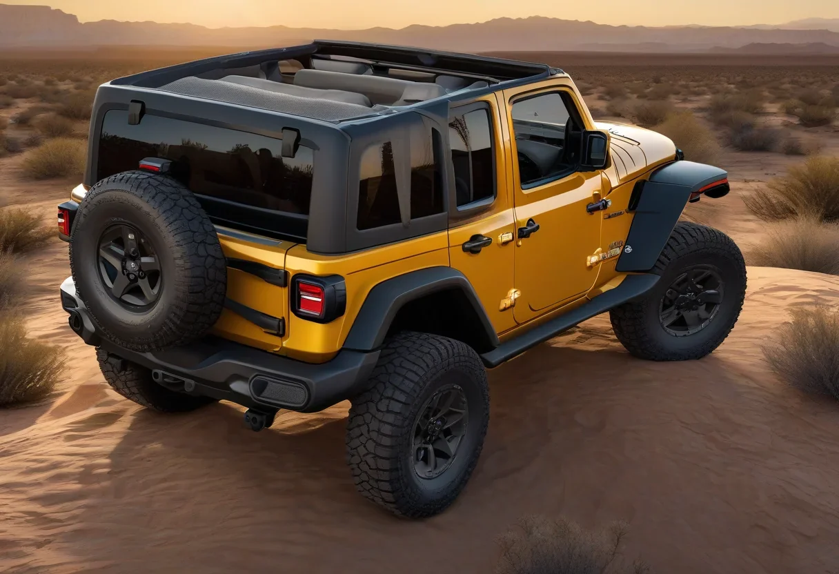 2027 Jeep Wrangler Laredo in a desert landscape with tan soft top and 35-inch all-terrain tires.