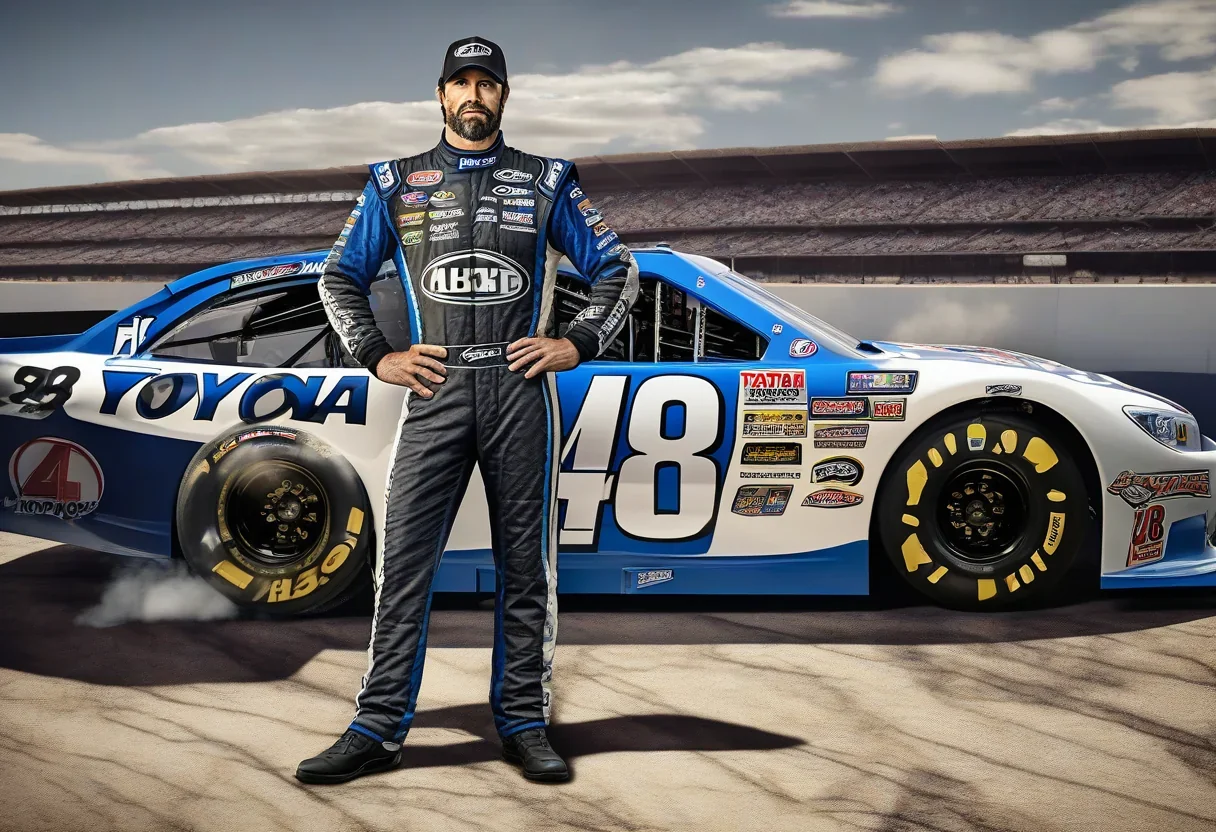 Jimmie Johnson standing next to the No. 48 Toyota, with a nostalgic background of his past racing achievements