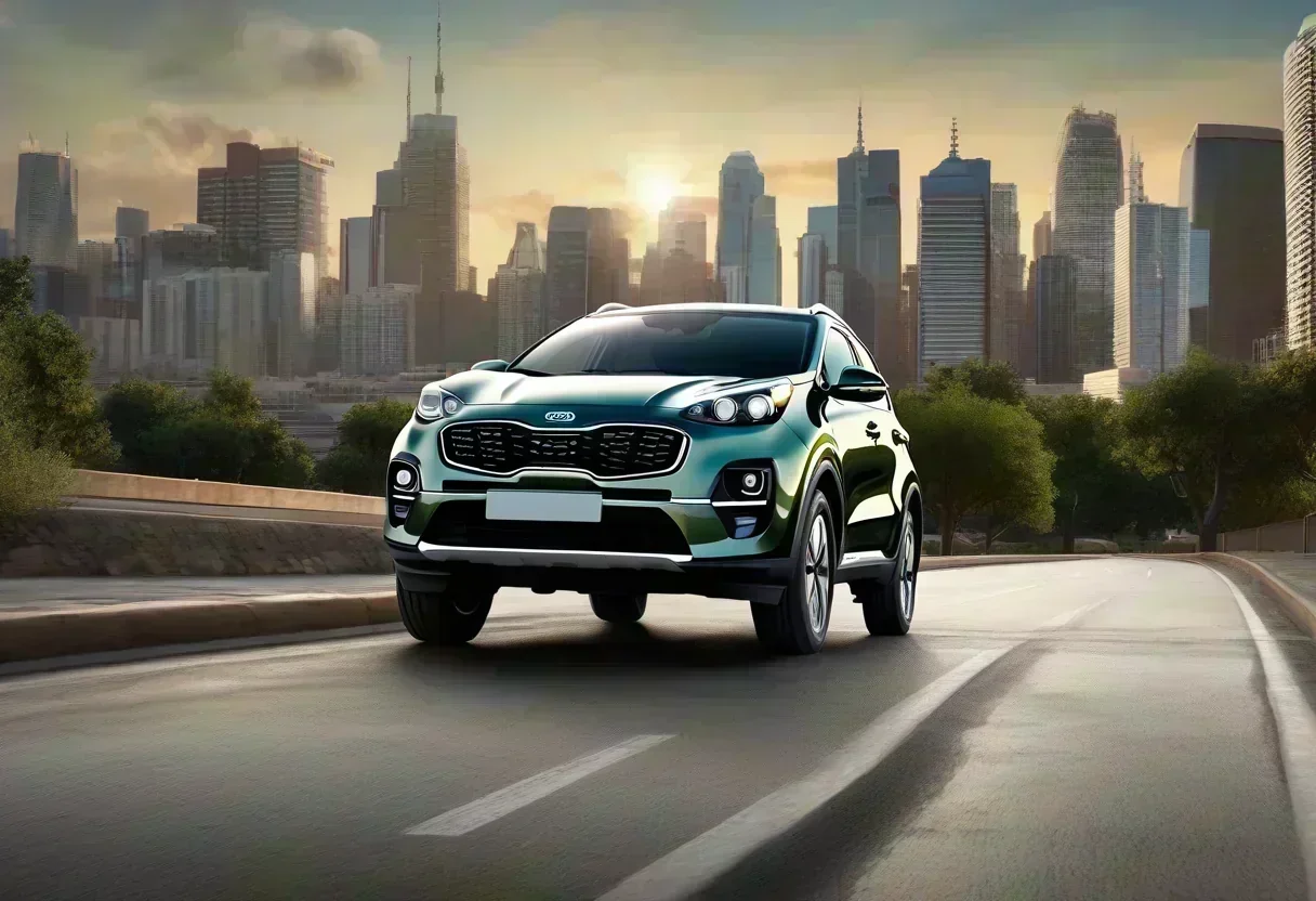 Kia Sportage hybrid model in a cityscape, showcasing its fuel efficiency and eco-friendliness.