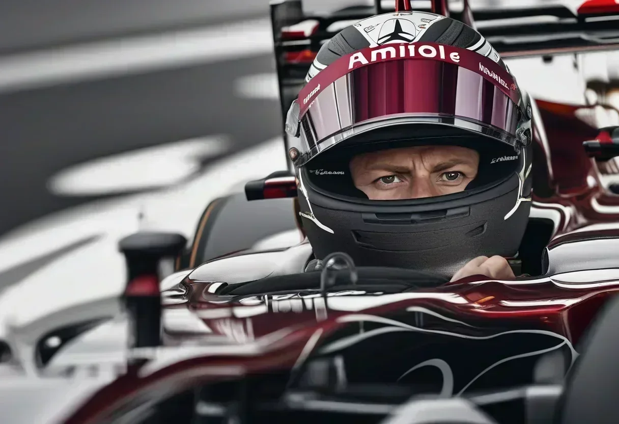Kimi Antonelli in his Mercedes F1 car, looking determined.